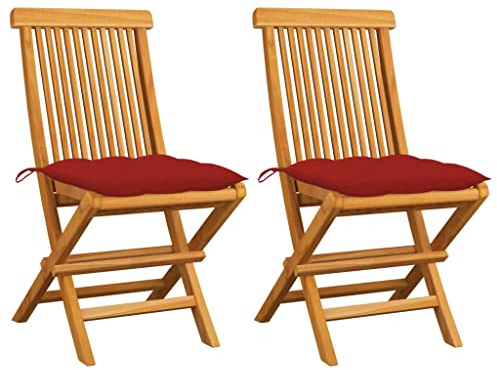 Mhdvray Gartenstühle mit Roten Kissen 2er Set klappbare Massivholz Teak Esszimmerstühle mit 47x60x89 cm Bequem & Langlebig für Balkon Terrasse Garten