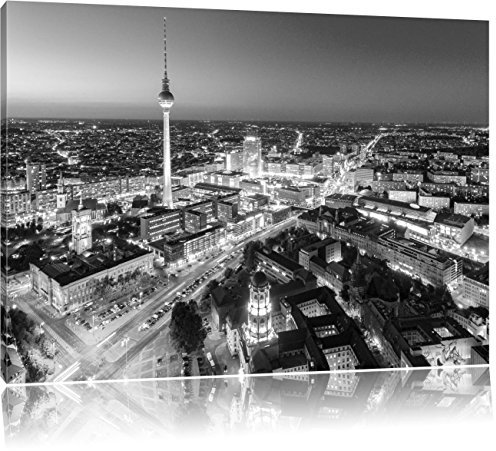 Pixxprint Berlin City Panorama Kunst B&W, Größe: 120x80cm, Leinwandbild, fertig gespannt, Wandbild, Dekoration, Kunstdruck, kein Poster