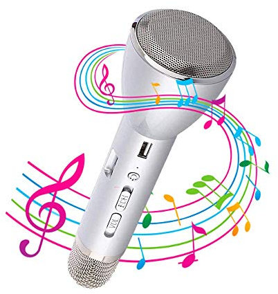 NK - Microfono Karaoke portátil con Bluetooth y Altavoz, Potencia 3W, 10 Metros Bluetooth, Android & iOS, Color Plata
