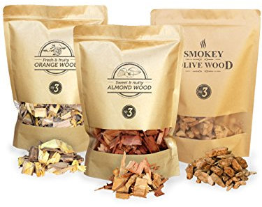 Smokey Olive Wood 3X 1700ml selección de virutas de Madera para Barbacoa & ahumar, Olivo, Naranjo, Almendro