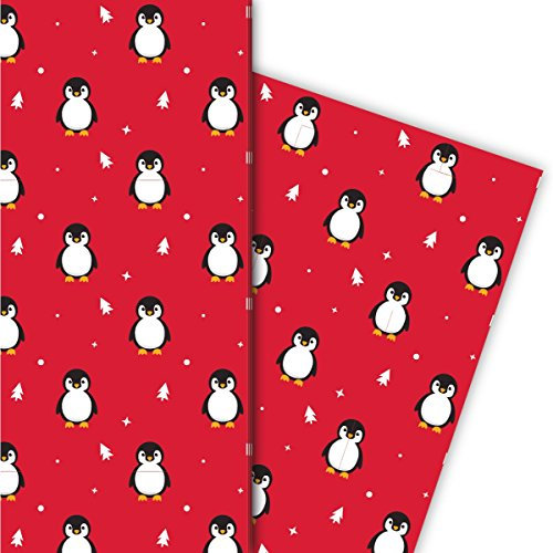 Kartenkaufrausch Super süßes Weihnachtspapier, Geschenkpapier Set zu Weihnachten mit Pinguinen und Weihnachtsbäumen, rot, für tolle Geschenk Verpackung, Designpapier, 4 Bogen, 32 x 48cm