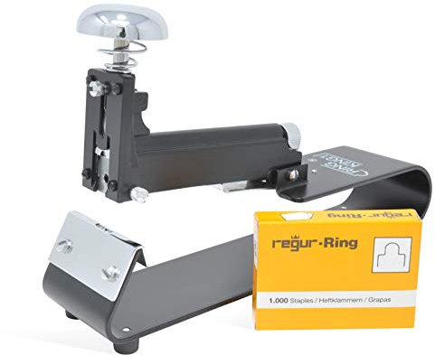 REGUR Ring King Sattelhefter, 3-in-1 manuelles Heftgerät mit 50 Blatt Heftkapazität für Fotobuch, Broschüren, Booklets, Kataloge, Scrapbooking - Starterset Broschürenhefter inkl. 1000 Ring-Klammern