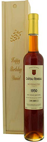 Jahrgangswein als Geschenkidee - Rivesaltes Château Rombeau in Holz-Kiste mit Ihrer persönlichen Laser-Gravur (1964)