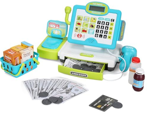 FS Pretend Play Calculator Cash Register Toy as Preschool Gift for Kids, Classic Count Toy with Sound, Microphone, Scanner, Pretend Credit Card, Play Food for Boys & Girls,45 Pieces, Ages 3 4 5 6 7
