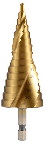 KATUR Broca de paso con dos grandes flautas en espiral HSS con vástago hexagonal para cortar agujeros en metal, madera, plástico, 4 – 32 mm de diámetro