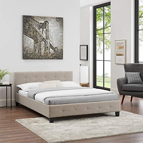 IDIMEX Lit Double pour Adulte Mathieu Couchage 140 x 190 cm avec sommier 2 Places / 2 Personnes, tête et Pied de lit capitonnés, revêtement en Tissu Beige