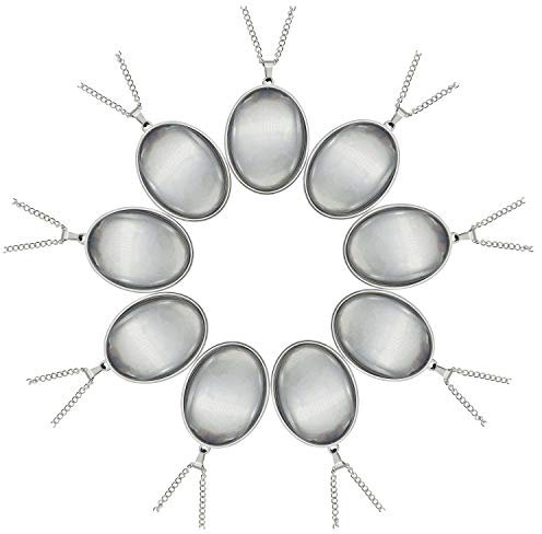 Julie Wang 10 Sets Oval Stainless Steel Bezel Tray Blank Pendant with Glass Cabochons and Chain for Resin Photo Jewelry Necklace Making 40x30mm, Stainless Steel, No Gemstone