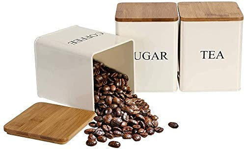 Bekith set of 3 Tea Sugar Coffee Canister Set Metal Storage Container Jar With Bamboo Airtight Lids, Tea Candy Storage Tin Box for Kitchen Food Storage, 11 x 11 x 14.1CM (Beige)