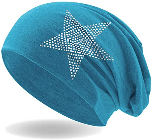 Hatstar Strass Stern Damen Beanie Mütze | elastisches Slouch Long Beanie | Mädchen Mütze | mit edler Strass Applikation | leicht und weich (türkis)