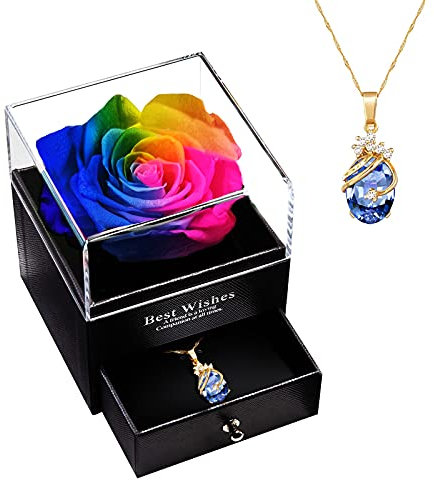 MINCHEDA Rose Éternelle avec Collier, Boite a Bijoux avec Fleur, Cadeaux pour Maman, Femme, Épouse - Saint-Valentin/Noël/Fête des Mères/Anniversaire de Mariage