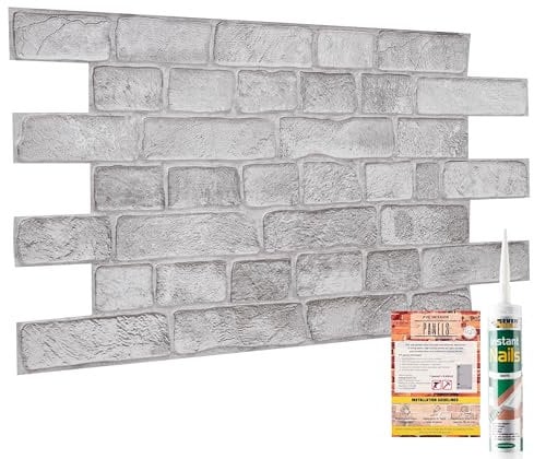 NOVECRAFTO Faux Brick Decorative 3D Wall Panels - 37.79 x 18.89 in (96x48cm) -4 Sheets Covering 19.84 sqft (1.84 sqm) - Kitchen Office Living Room Cladding Panels - Grey Faux Brick Effect Pattern