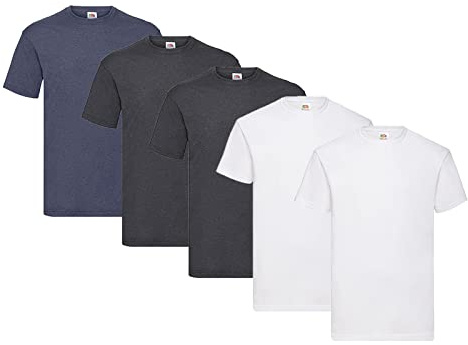 Fruit of the Loom Pack of 5 T-Shirts, 2 White, 2 Dark Heather, 1 Vintage Navy, 1 HL Kauf Notepad, Size S