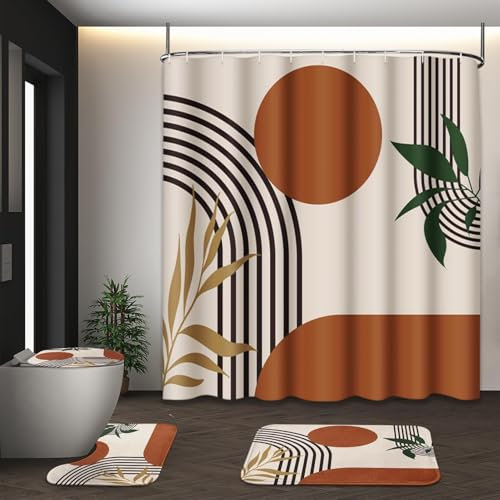 Tayney Juego de Cortinas de Ducha Bohemias de Mediados de Siglo con Tapa de Inodoro y alfombras Antideslizantes, geométricas abstractas 4 Piezas, Cortinas de Ducha Modernas Minimalistas para baño con