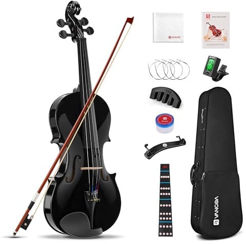 Vangoa 4/4 Violine Erwachsene Akustische Geige Violin Anfänger Set für Studenten Starter mit Geigenkoffer, Kolophonium, Schulterstütze, Stimmgerät, Saiten, Geigenbogen, Griffbrettaufkleber, Schwarz