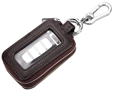 Tragbar Auto Schlüssel Tasche,Schlüsselringetui Leder Schlüsselanhänger Autoschlüssel Etui mit Doppelter Reißverschluss KFZ Schlüssel Kette Schlüsselmäppchen für Damen Herren mit Transparentes Fenster