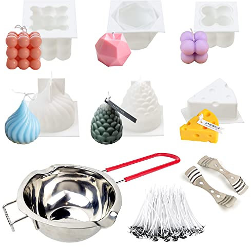 JILERWEAR Selber Machen Set - 6 Stück Silikonform Kerzen Gießen Set für die Herstellung verschiedener handgefertigter Kerzen. Inklusive 100 Stück Dochte, 2 Stück Dochthalter und Topf
