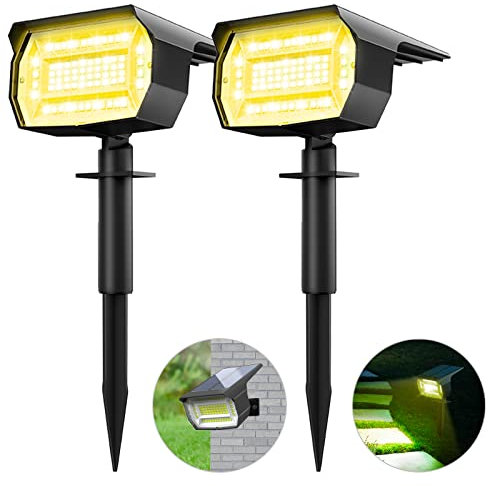 2 Pezzi Faretti Energia Solare da Esterno, 72 LED Lampioni Solari da Giardino 3 Livelli di Luminosità, Lampioncini Solari da Lmpermeabili per Piscina, Cortile, Vialetto, Patio, Alberi (Bianco Caldo)