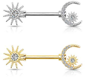 beyoutifulthings Brustwarzen-piercing SET Sonne Halb-Mond Stern Silber Gold Zirkonia Clear Brust-piercing Nippel-piercing Chirurgenstahl Stab 14-mm
