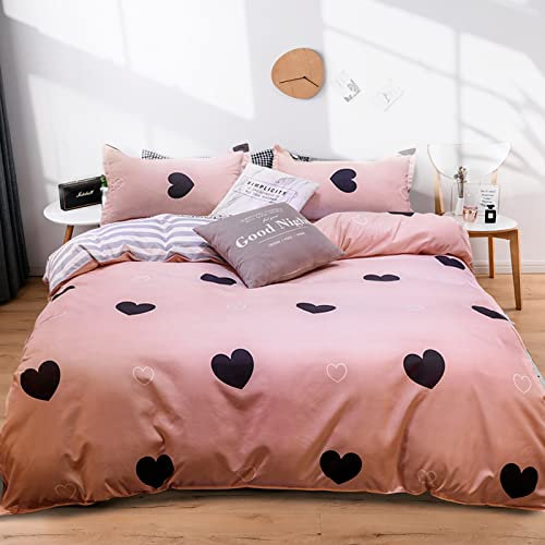 Wotcsil Herzen Bettwäsche Set 135x200 Für Mädchen Kinder Frau Bettbezug Bettwäsche Herz Weiche Kinderbettwäsche Set mit 1 x Bettbezug 1 x Kissenbezügen 80x80 cm, Schwarz Rosa