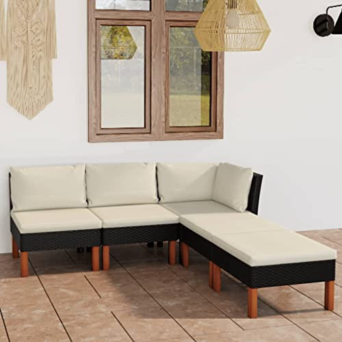 KOIECETA Gartenmöbel 5-TLG. mit Kissen Sofa Lounge Sitzgruppe Garten Garnitur Gartenset Ecksofa Mittelsofa Gartensofa Poly Rattan Schwarz