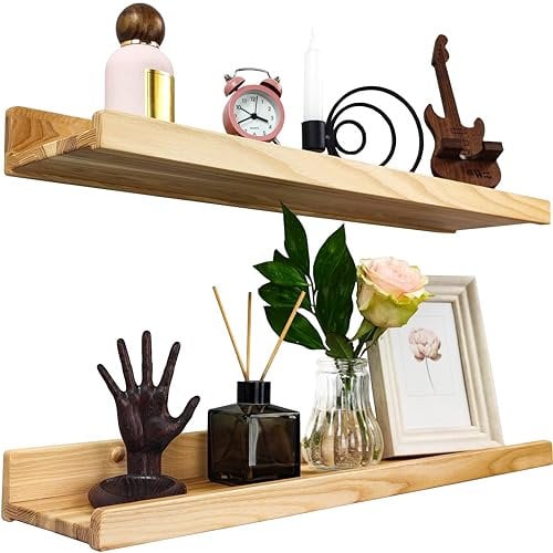 Handcrafted Floating Shelves for Wall 60cm, Waterproof Wall Storage Shelves with Lip, Display Picture Ledge Shelf for Living Room Photo Frame, Natural Wood Hanging Book Shelves (Natural, Set 2)