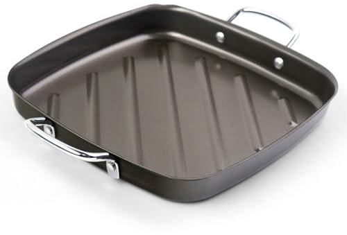 BTCDR 11'' Grill Pan With Handles For Outdoor Grill BBQ Trays For Grilling Square Barbecue Tray Non-stick Grill Pan, BBQ Topper Pan Porcelain Steel