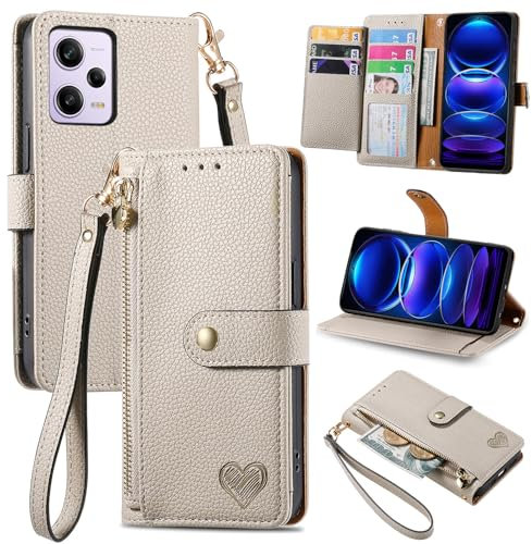 VEEMOS Handyhülle für Xiaomi Redmi Note 12 Pro 5G Hülle Klappbar Klapphülle Schutzhülle mit Kartenfach RFID Reißverschluss Handy Tasche Leder Flip Case Cover Handytasche Frauen - Grau