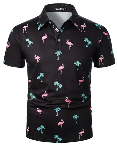 UUAISSO Polo à Manches Courtes pour Homme Chemise de Golf Décontractée à Motif Floral Haut Tropical d'été pour Homme Flamant Noir L