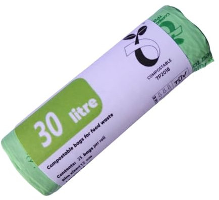 Mirco Compostable Bin Liners – Food Recycling Bags – 30 Litre Food Waste Bags – Biodegradable Bin Bags 1 Roll – 25 Food Waste Bags per Roll – Biodegradable Bin Liners for Compost Waste Bins