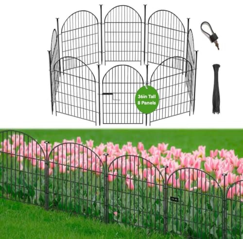 Okaygardn Metall-Gartenzaun, Tierbarriere, 1 Tor + 7 Paneele, kein Graben, Hundezaun, 91,4 cm (H) x 68,6 cm (L), temporärer Außenzaun, gewölbter Blumenzaun für Hof, Tier-Bodenpfähle, Schwarz