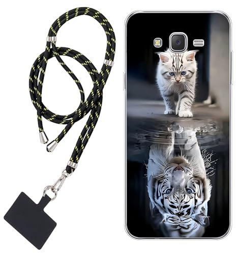 WUACYEAMING Carcasa para Móvil Compatible con Samsung Galaxy J7 Cover Funda Transparente para móvil con Dibujo TPU Gato y Tigre Tigre blanco1*Cordón para Teléfono Ajustable