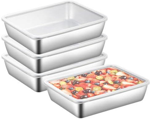 Pujito 4Pack Large Stainless Steel Rectangle Food Storage Box Container Leak Proof Plastic Lid Airtight Meat Storage Container for Fridge,Kitchen Dishwasher Safe