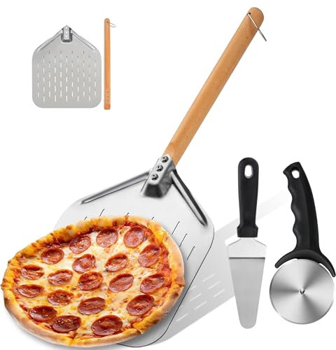 Sentk Pelle à Pizza de 12 Pouces avec Long Manche en Bois, Facile à Retourner la Pizza, avec Roue à Pizza et Serveur à Pizza en Acier Inoxydable, pour la Cuisson de la Pizza au four Familial