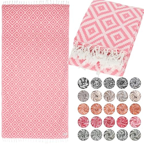 Lukkum® Oeko-TEX® Leopard Karo Quadrat Muster Leo Pestemal Strandtuch Saunatuch Badetuch Hamamtuch Groß Baumwolle Duschtuch Handtuch Fouta Pareo Yoga Decke Sporttuch Sarong (Flamingo Pink, Geometric)