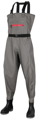 BAIRUNDA Traspirante da Uomo Donna Trampolieri da Pesca A Mosca Impermeabili in PVC Addensato Slim Fit Pantaloni Antipioggia A Mezza Lunghezza con Stivali per La Caccia All'Allevamento, 45 EU, Gray