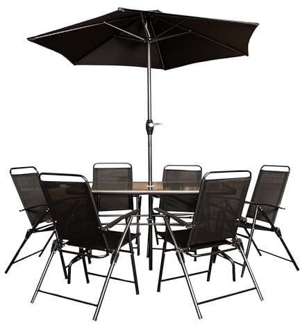 Samuel ALEXANDER Outdoor 6 Seater Glass Top Table and Chairs Patio Set with Parasol in Black