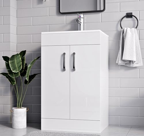 BELOFAY 500mm Floor Standing Bathroom Vanity Unit With Basin - Laquered Cloakroom Vanity Unit with 1 Tap Hole Ceramic Basin and Soft Close Hinges WASTE INCLUDED (New York White)