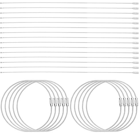 sourcing map 25pcs Wire Keychain Cable 8 Plastic Coated 2mm Stainless Steel Key Ring Cable Loop Rings for Women Hanging Luggage Tags Keychains Key ID Tags, Silver