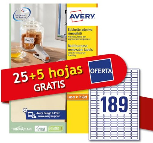 Avery Italia L4731REV-30P Klebeetiketten aus weißem Papier, ablösbar, keine Rückstände, 25 + 5 extra Blätter, rechteckig 25,4 x 10 mm, 189 Etiketten pro Blatt, ablösbarer Aufkleber,