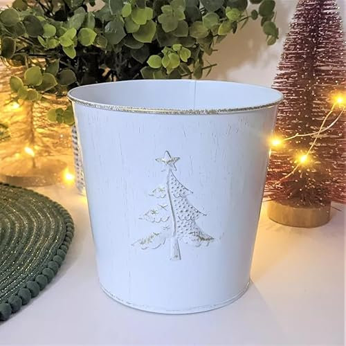 Fyne-Finds Metal Christmas Tree Embossed Plant Pot 20cm, 8inch Tin Pail Planter 3 Liters Gold White Decor Xmas Festive Gift (1)