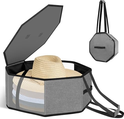 Yotako Hutbox für Reisen und Aufbewahrung, grauer faltbarer Hutkoffer, Cowboy-Hut-Organizer für Schrank mit Griffen, Hutboxen für Damen und Herren, große Huttasche mit Karton