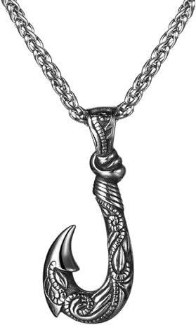Oidea Men's Fish Hook Necklace: Vintage Gothic Hip Hop Punk Hawaiian Fish Hook Pendant Necklace Stainless Steel Fishing Necklace Jewelry Christmas Father's Day Birthday Gifts, silver