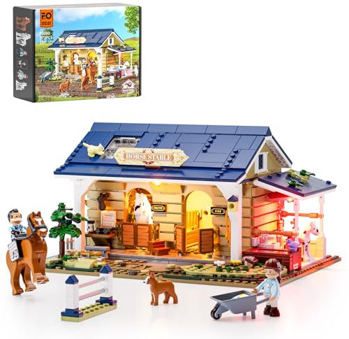 FUNWHOLE Pferdestall Beleuchtetes Baustein-Set – Farmhaus Kollektion LED Licht Tierstall Baukasten 973 Teile für Erwachsene und Jugendliche