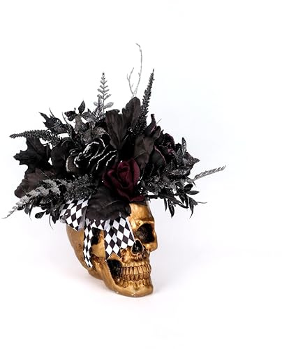 FLOROAD Halloween Decor, Gold Resin Skull Planter with Faux Plants Halloween Skull Decor for Home Coffee Table Bookshelf Dining Table Centerpiece, 14 H (Gold/Black/White/Red)