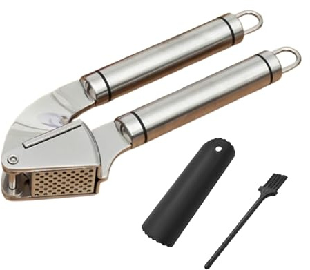 Knoblauchpresse Edelstahl 304 mit Schäler Bürste Knoblauchpresse Edelstahl | Stainless Steel Garlic Press, Dips und Saucen Zubereiten, Spülmaschinenfest, Geeignet für Die Tägliche Küche