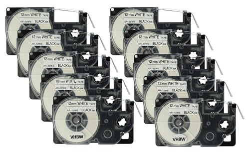 vhbw 10x Schriftband-Kassette Ersatz für Casio XR-12WE | XR-12WE1 für Etiketten-Drucker 8m x 12mm Schwarz auf Weiß
