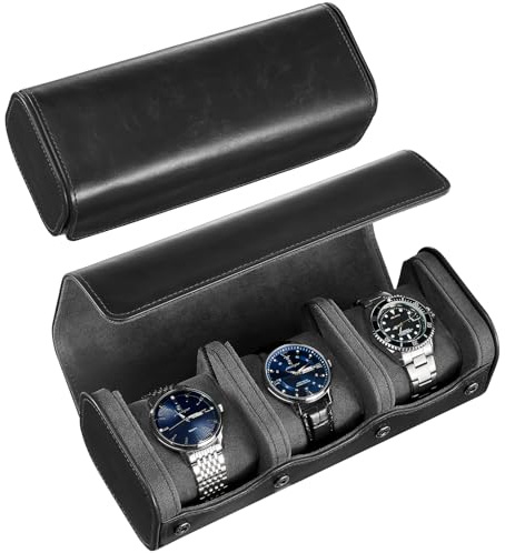 ProCase Uhrenrolle, Uhren Reiseetui -Schwarz | aus PU-Leder, kompakt tragbar, Travel Watch Box mit getrennten Fächern für 3 Uhren