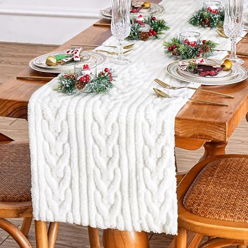 Weihnachten Tischläufer Weiß, Fell Tischläufer 35x121cm, Weihnachtsambiente Geometrie Muster Tischdekoration