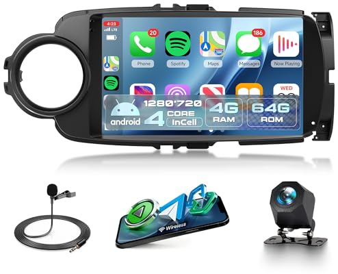 4G+64G Android Radio Coche para Toyota Yaris 2012-2017 Inalámbrico Carplay Android Auto 9 Pulgadas Incell Touchscreen Radio Coche con GPS Navi WiFi Mirror Link Bluetooth FM/RDS EQ/SWC Cámara Trasera
