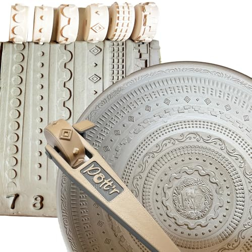 POTT’R Set of 6 Pottery Texture Rollers | 12mm x 25mm Border Pattern Stamps for Wheel Thrown Clay | Includes Handle | Pattern Set 2 for Rim & Banding Decoration on Ceramic Vessels